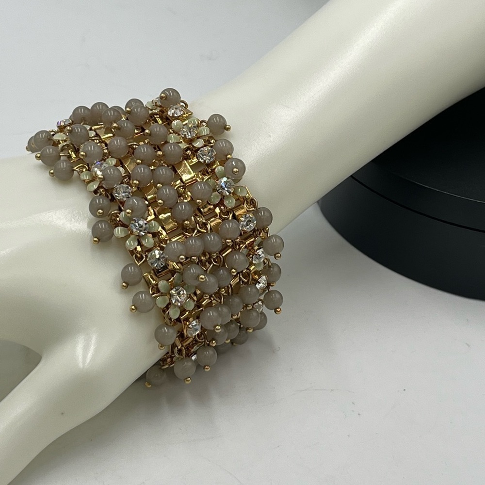 J.Crew Cluster Crystal Flowers Grey Lucite Beads Signed‎ Statement Bracelet
